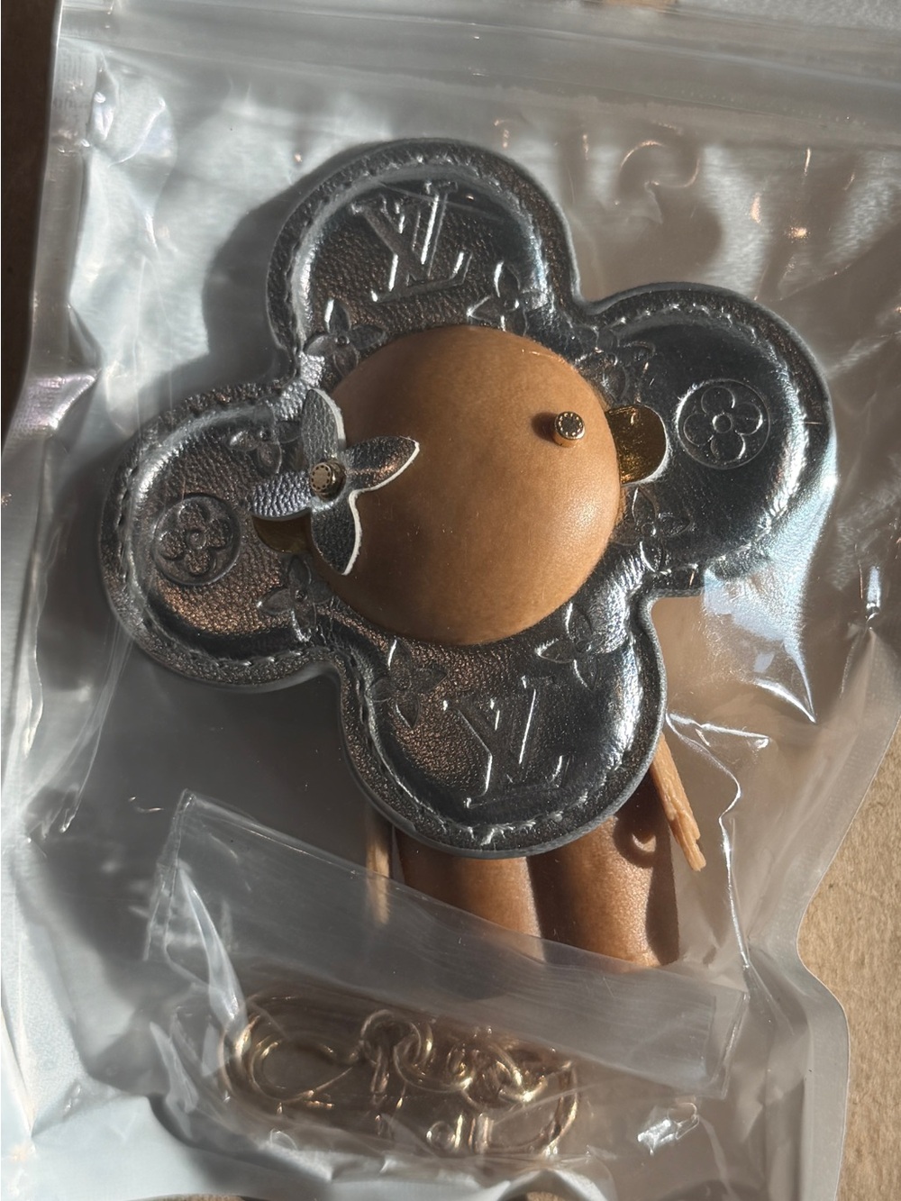 Silver and Tan Monogram Flower Key Holder Charm